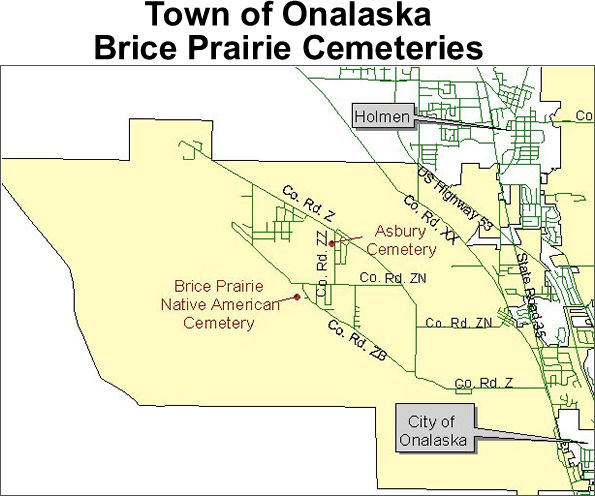 Map to cemeteries on Brice Prairie, town of Onalaska