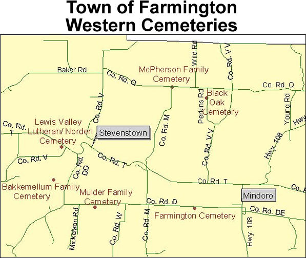 Map to cemeteries on the western part of the town of Farmington