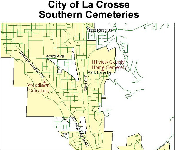 Map to cemeteries on the south side of the City of La Crosse