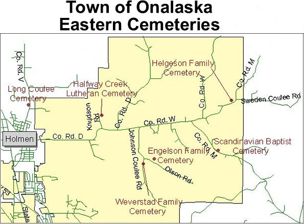 Map of cemeteries in the eastern part of the the town or Onalaska