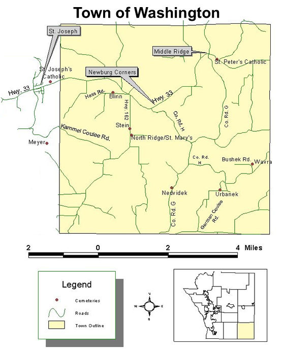 Map of cemeteries in the town of Washington