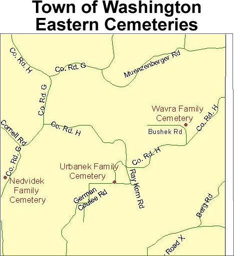 Map of cemeteries in the eastern part of the town of Washington