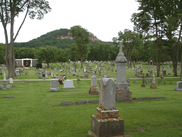 Catholic Cemetery and original mausoleum looking twoard Cliffwood Bluff, April 2000