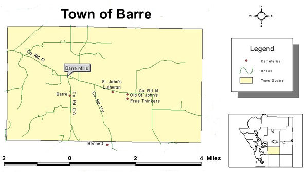 Map of cemeteries in the town of Barre