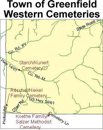 Map to cemeteries in the western part of the town of Greenfield