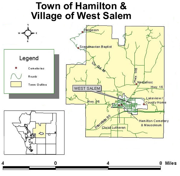 Map to cemeteries in the town of Hamilton and Village of West Salem
