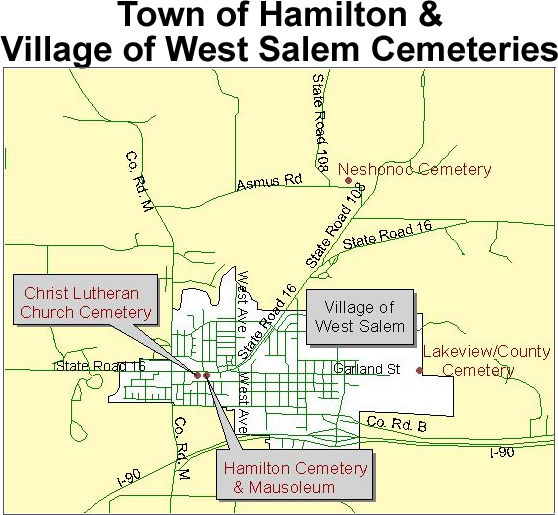 Map to cemeteries in the town of Hamilton and Village of West Salem