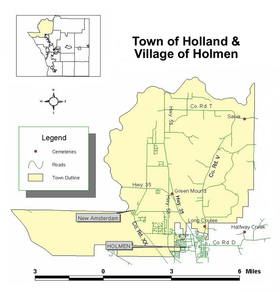 Map to cemeteries in the town of Holland and village of Holmen