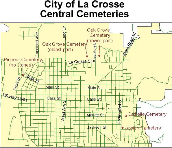 Map to cemeteries in central City of La Crosse