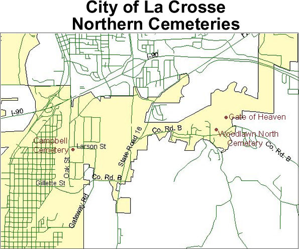 Map to cemeteries in the northern part of the city of La Crosse