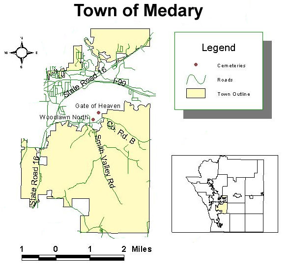 Map of cemeteries in the town of Medary
