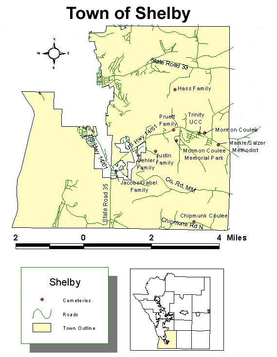 Map of cemeteries in the town of Shelby