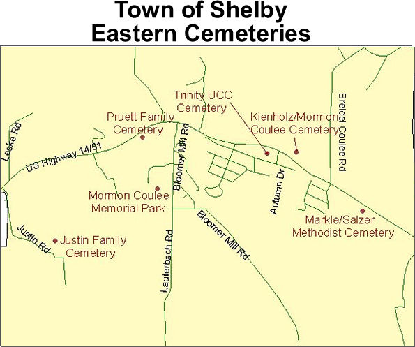 Map of cemeteries in the eastern part of the town of Shelby