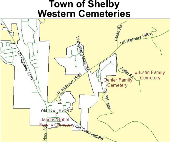 Map of cemeteries in the western part of the town of Shelby